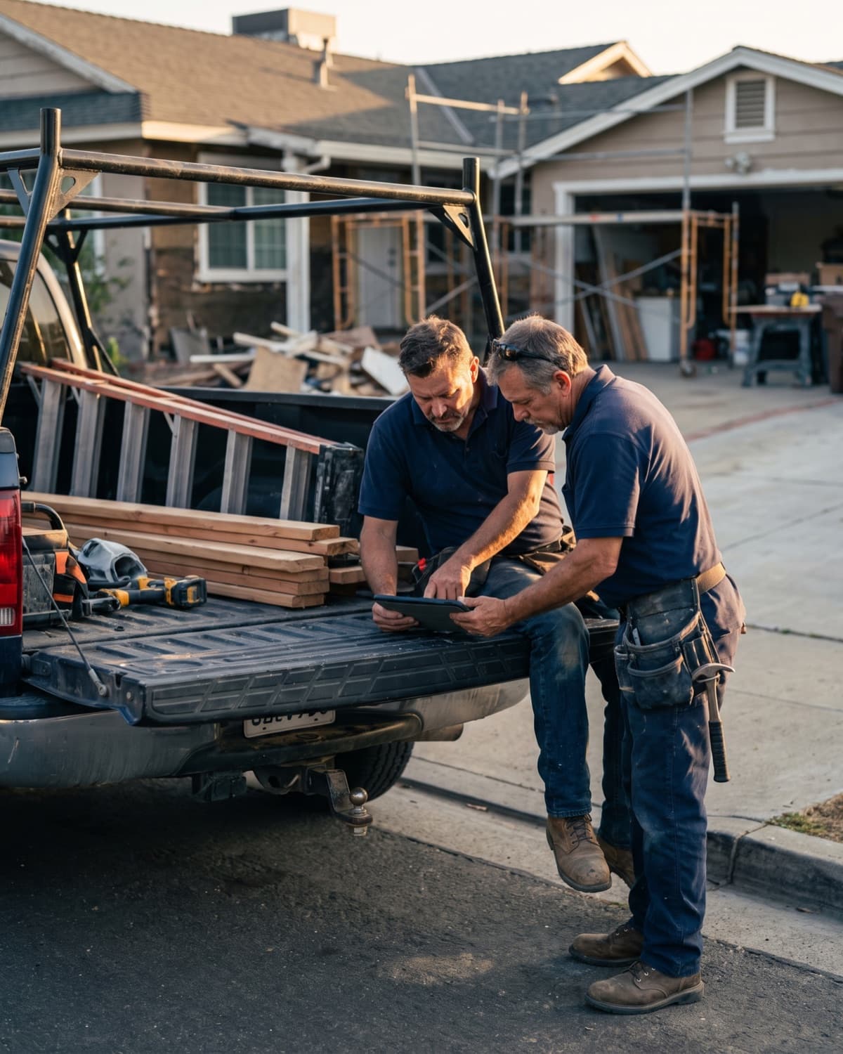 A remodeling crew reviewing a job at the tailgate of a work truck